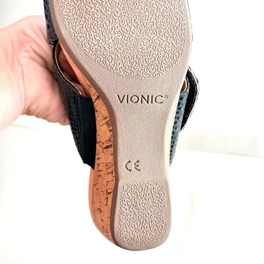 Vionic Leticia Black Lizard Embossed Cork Wedge Sandals